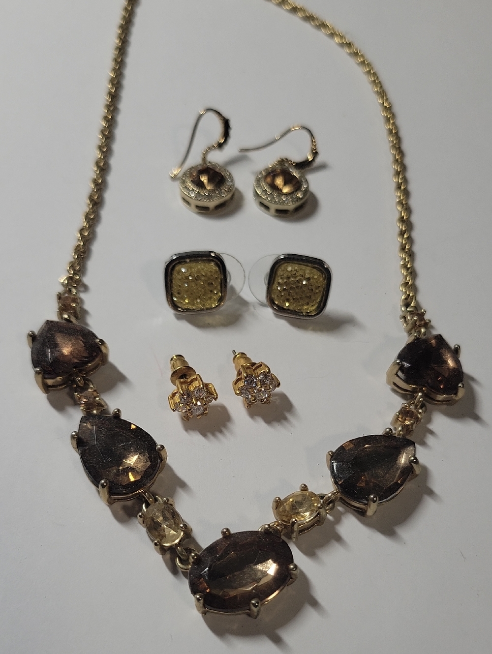 Gold-Tone Brown Crystal Statement Necklace and Earring Set